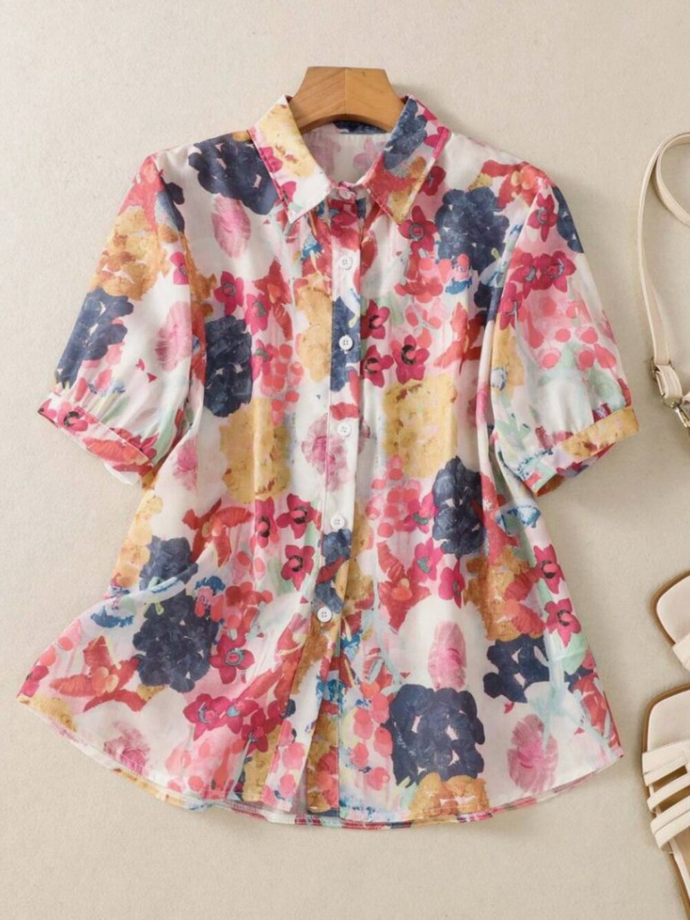 Watercolor Floral Short-Sleeve Button-Up Blouse 4X / 20